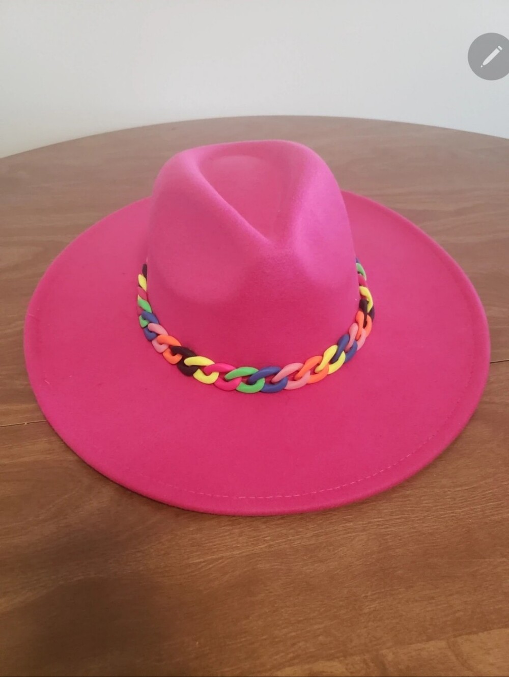 Wide Brim Hot Pink Fedora with Multicolor Chain Trim